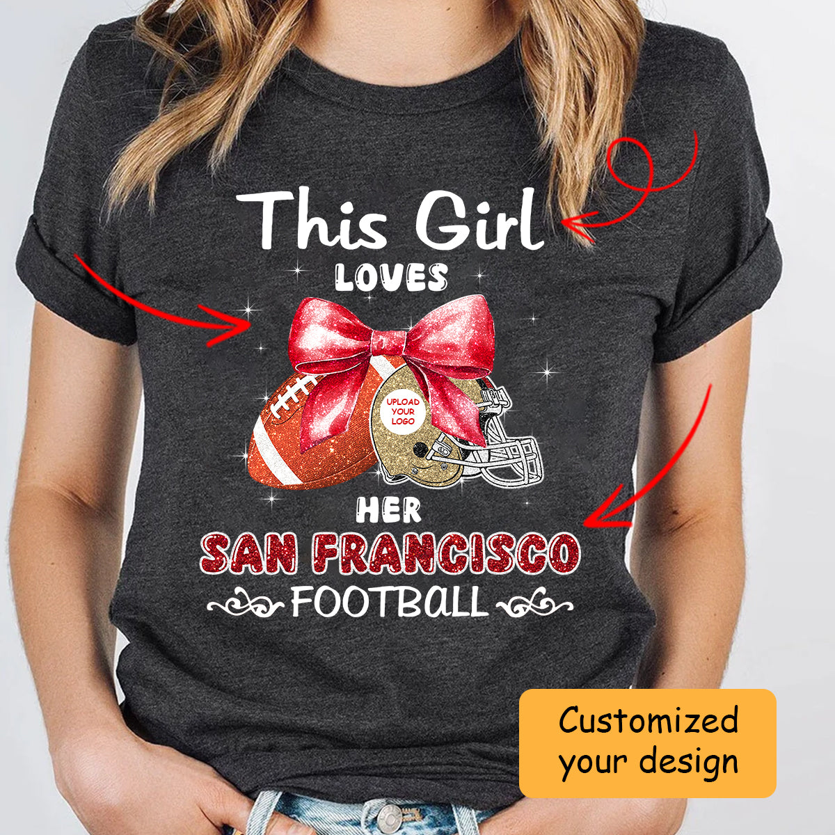 Personalized Women Love San Francisco Football Coquette Bow Hoodie, American Football Girl Mom Game Day Cheer Hoodie