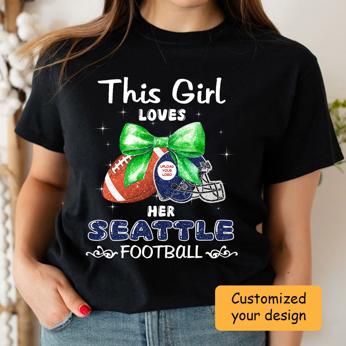 Personalized Women Love Seattle Football Coquette Bow Sweatshirt, American Football Girl Mom Game Day Cheer Sweatshirt