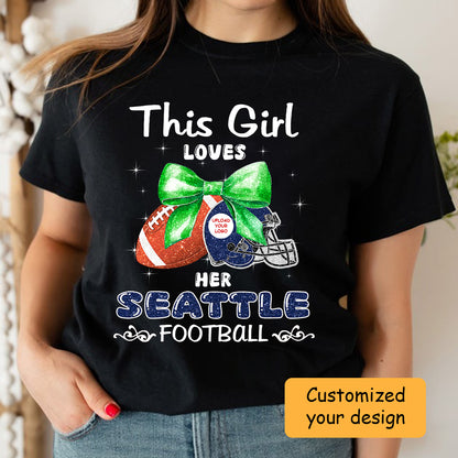 Personalized Women Love Seattle Football Coquette Bow Hoodie, American Football Girl Mom Game Day Cheer Hoodie