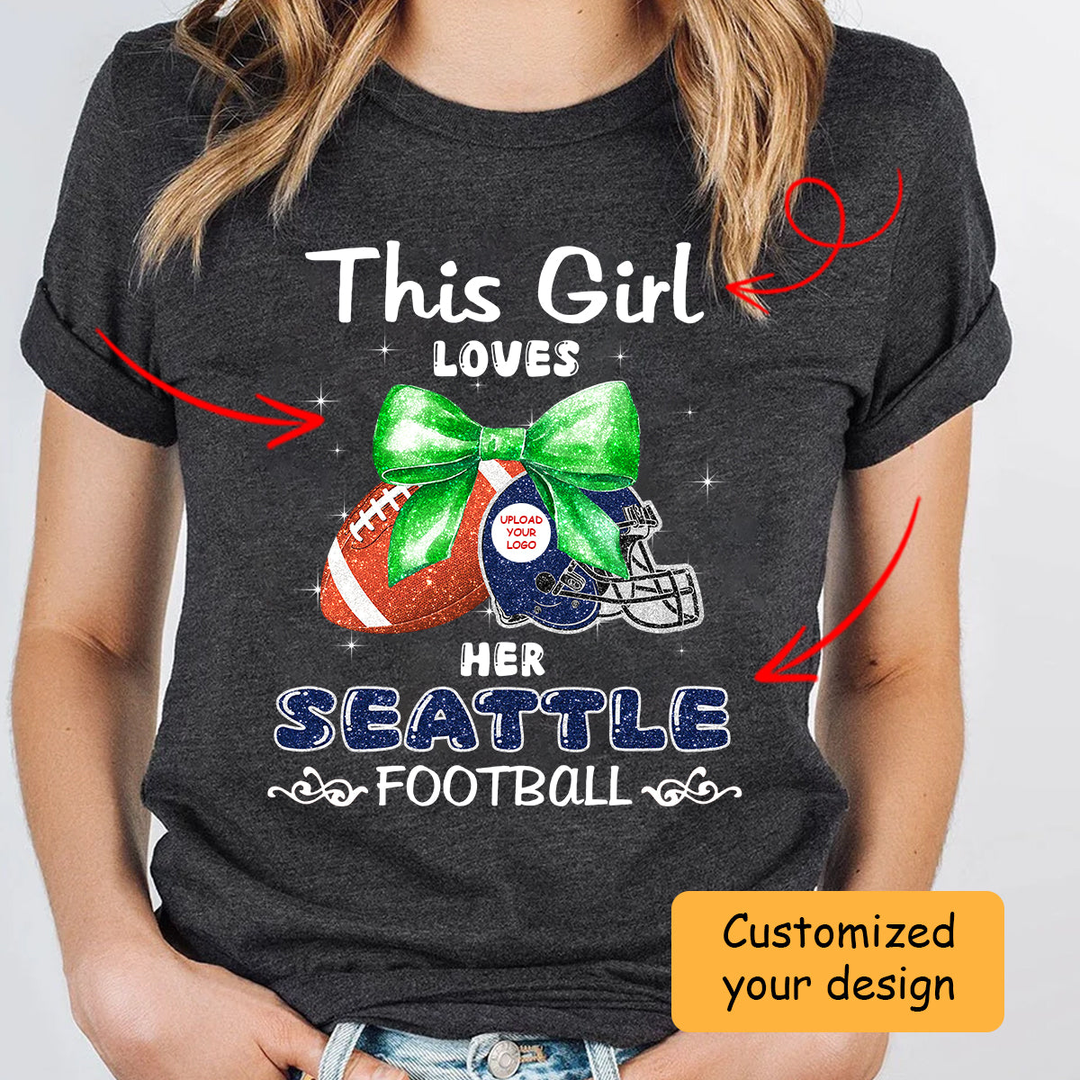 Personalized Women Love Seattle Football Coquette Bow Hoodie, American Football Girl Mom Game Day Cheer Hoodie