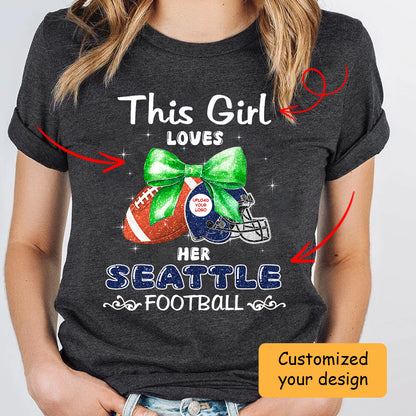 Personalized Women Love Seattle Football Coquette Bow Hoodie, American Football Girl Mom Game Day Cheer Hoodie