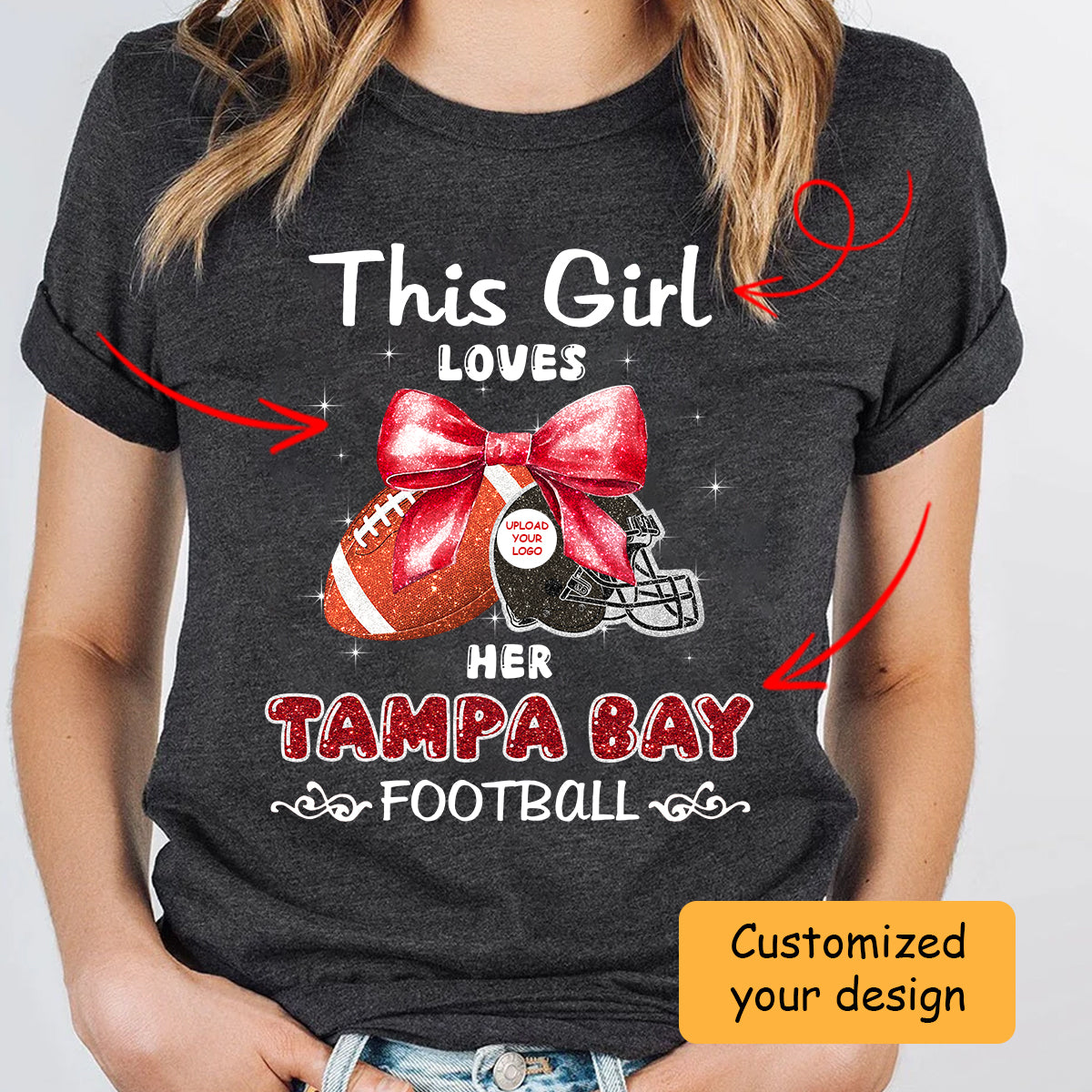 Personalized Women Love Tampa Bay Football Coquette Bow Sweatshirt, American Football Girl Mom Game Day Cheer Sweatshirt