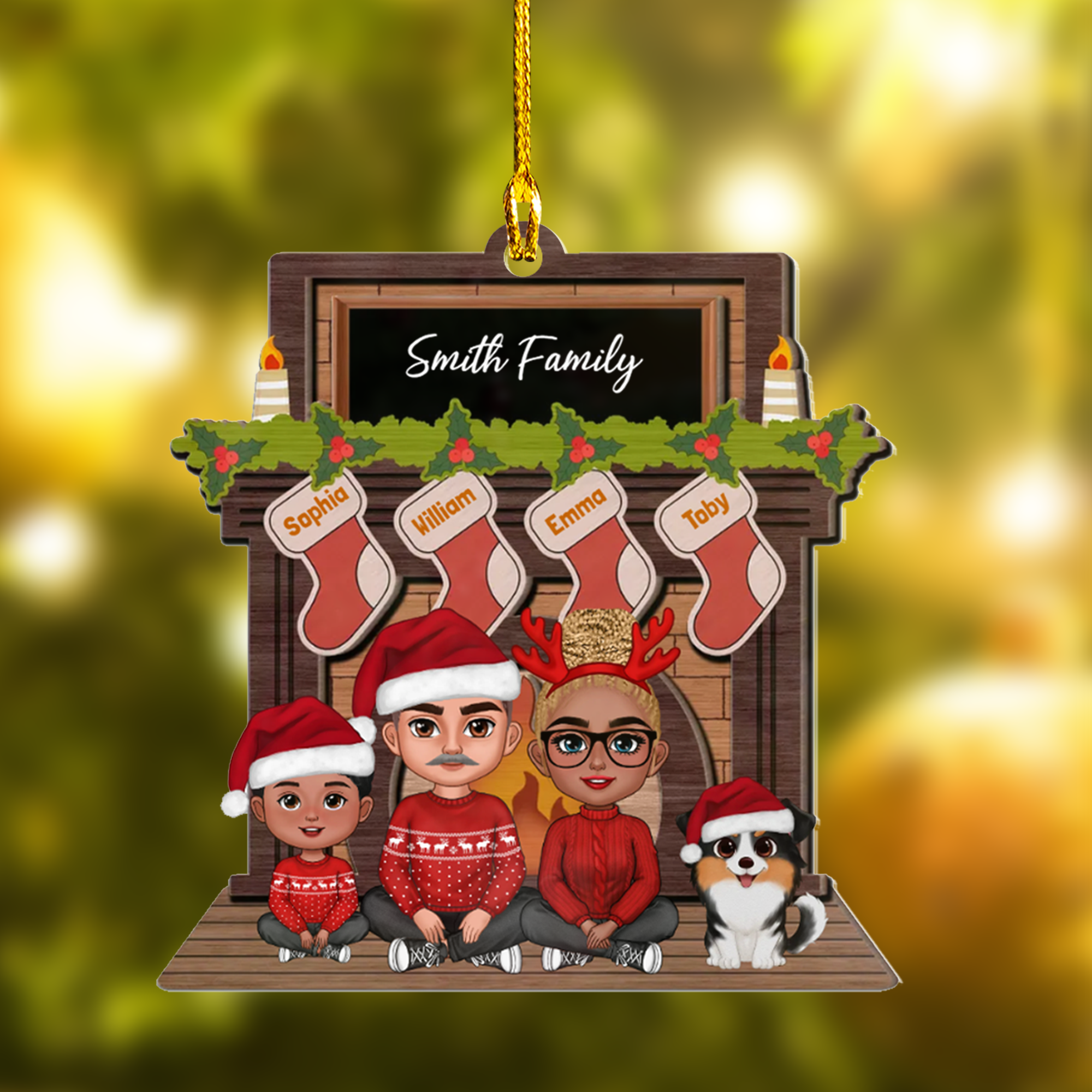 Personalized Acrylic Ornament Whole Family Sitting At Christmas Fireplace, Perfect Christmas Decor Gift For Family