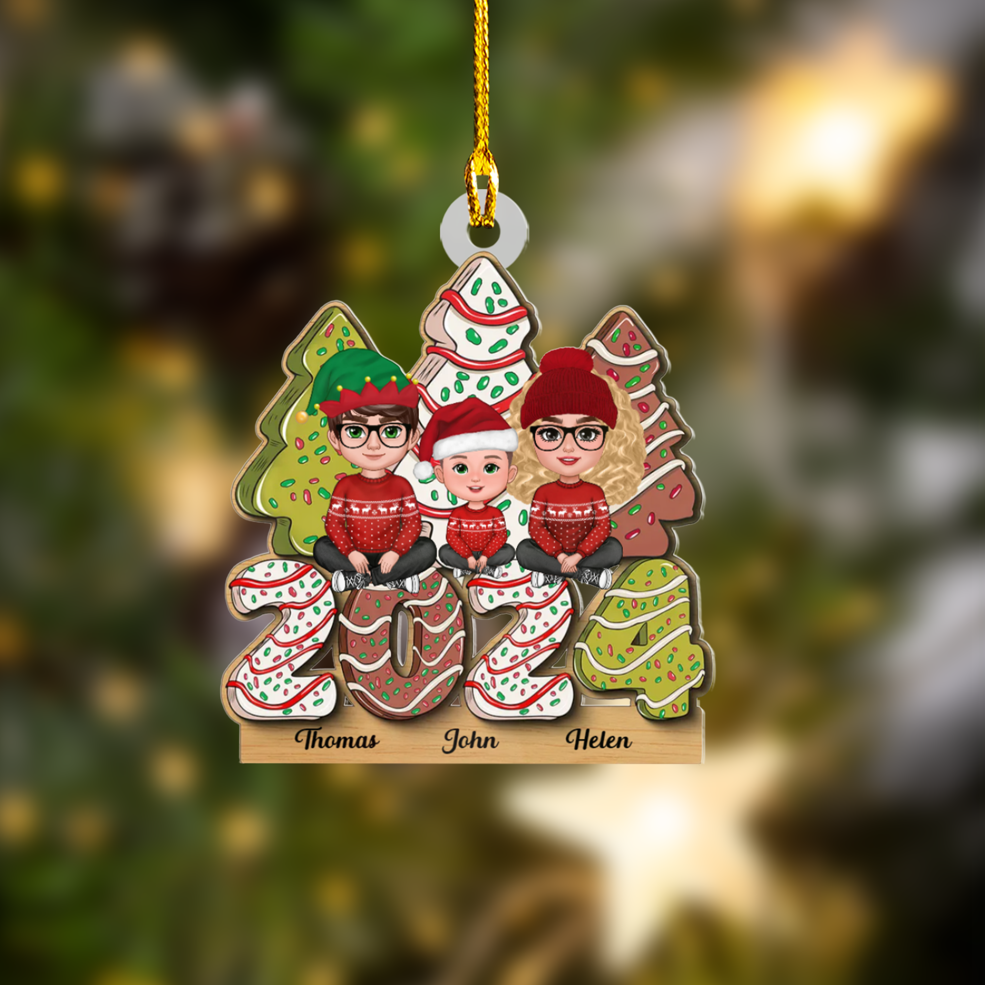 Personalized Family Acrylic Ornament - Family Sitting On Christmas Tree Cake, Best Christmas Decor, Gift For Family