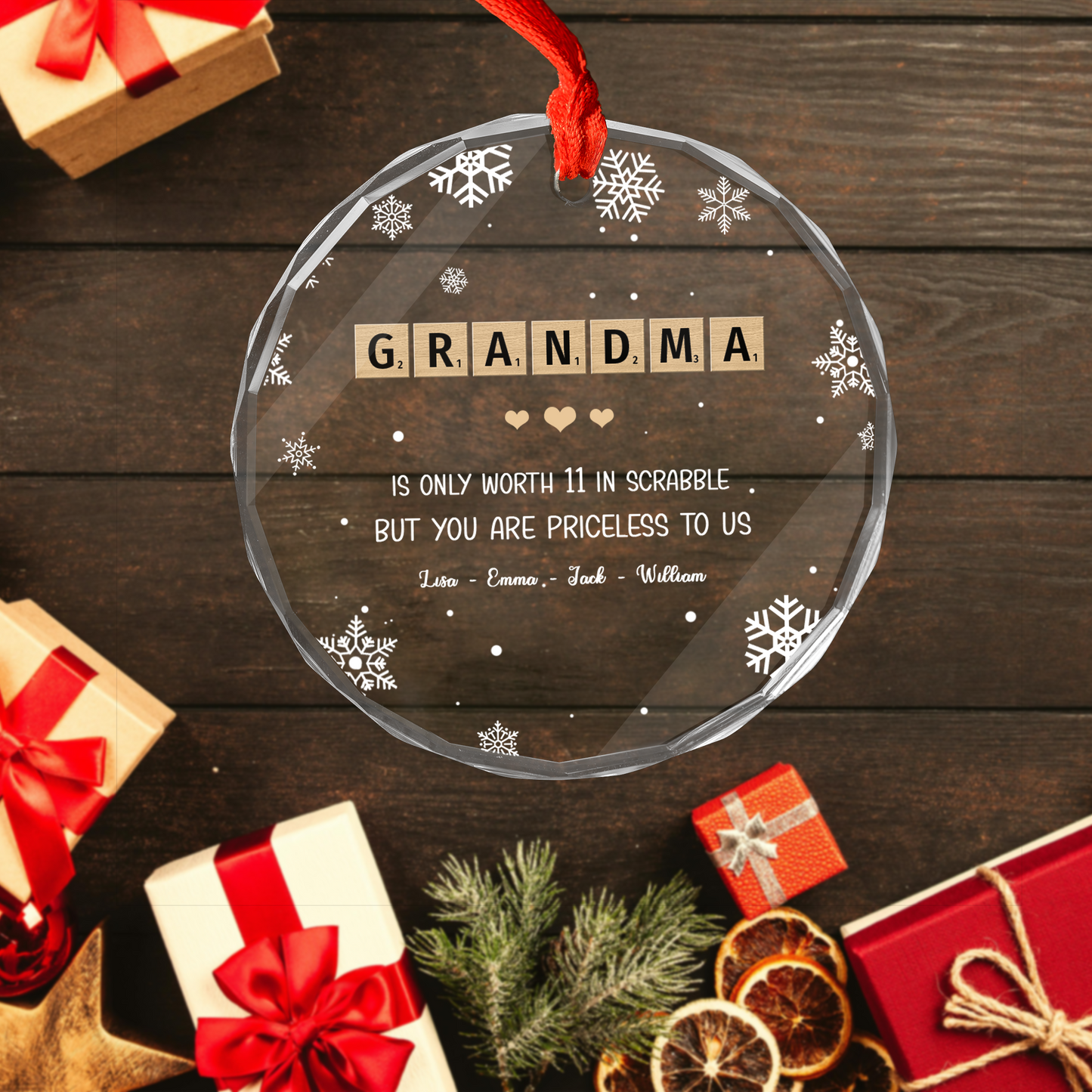 Personalized Grandma Scrabble Crossword Puzzle Tiles Circle Glass Ornament, Meaningful Christmas Ornament Gift For Grandma