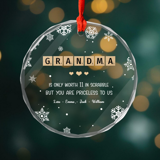 Personalized Grandma Scrabble Crossword Puzzle Tiles Circle Glass Ornament, Meaningful Christmas Ornament Gift For Grandma