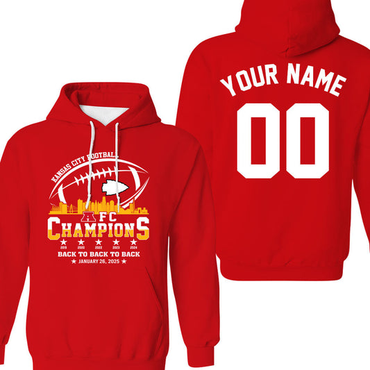 Personalized Kansas City Football 2024-2025 AFC Champions Double Sided Hoodie Skyline, Perfect Outfit For Kansas City Football Fans