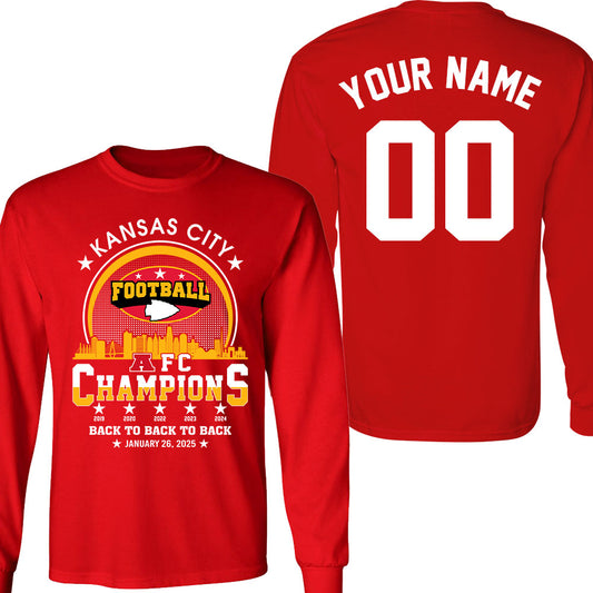 Personalized Kansas City Football 2024-2025 AFC Champions Double Sided Long Sleeve Shirts, Perfect Outfit For Kansas City Football Fans