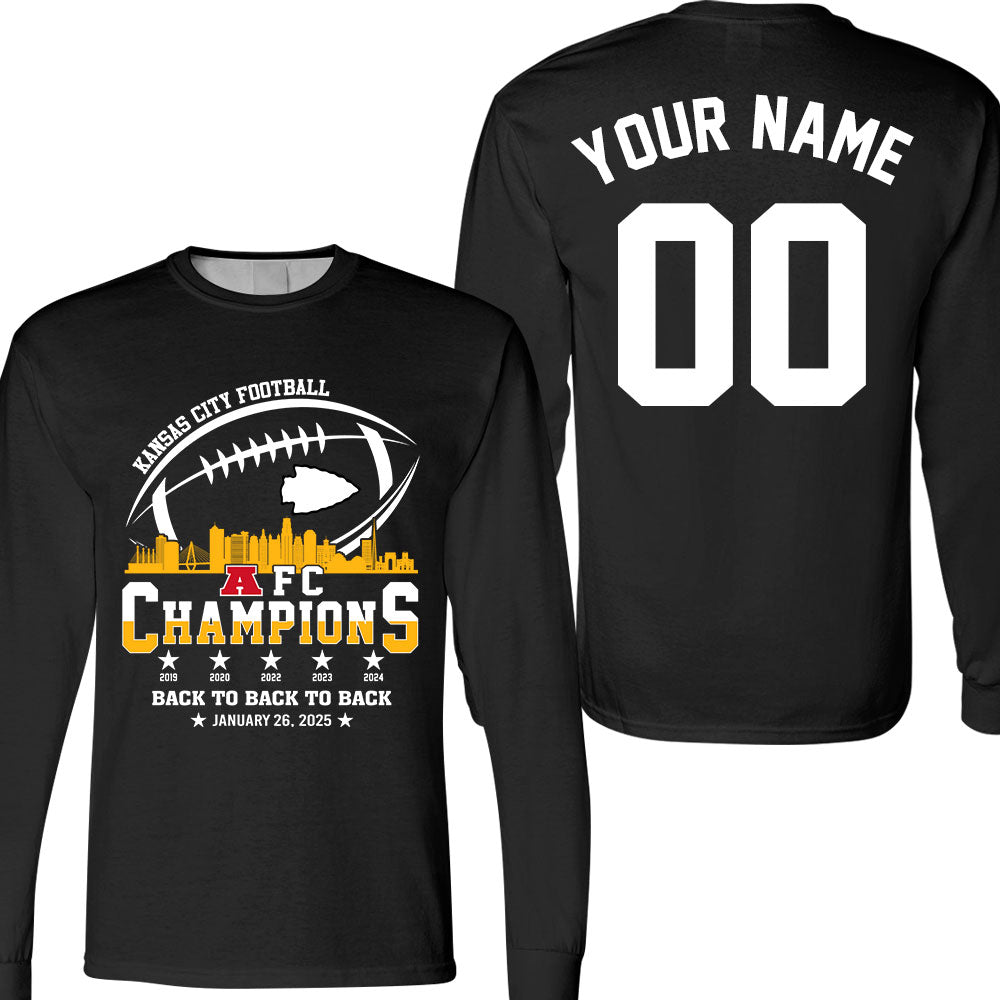 Personalized Kansas City Football 2024-2025 AFC Champions Double Sided Sweatshirt Skyline, Perfect Outfit For Kansas City Football Fans