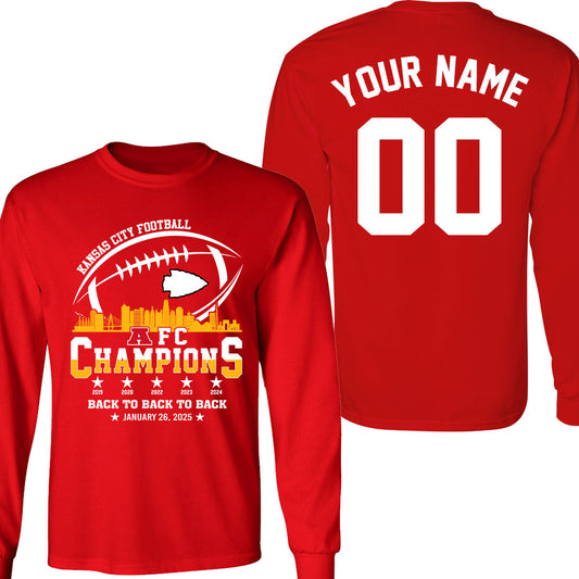 Personalized Kansas City Football 2024-2025 AFC Champions Double Sided Long Sleeve Shirts Skyline, Perfect Outfit For Kansas City Football Fans