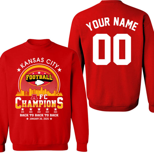 Personalized Kansas City Football 2024-2025 AFC Champions Double Sided Sweatshirt, Perfect Outfit For Kansas City Football Fans