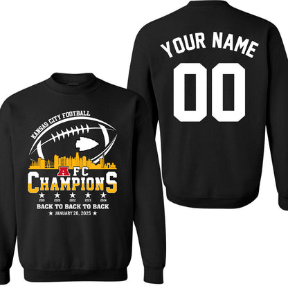 Personalized Kansas City Football 2024-2025 AFC Champions Double Sided Sweatshirt Skyline, Perfect Outfit For Kansas City Football Fans