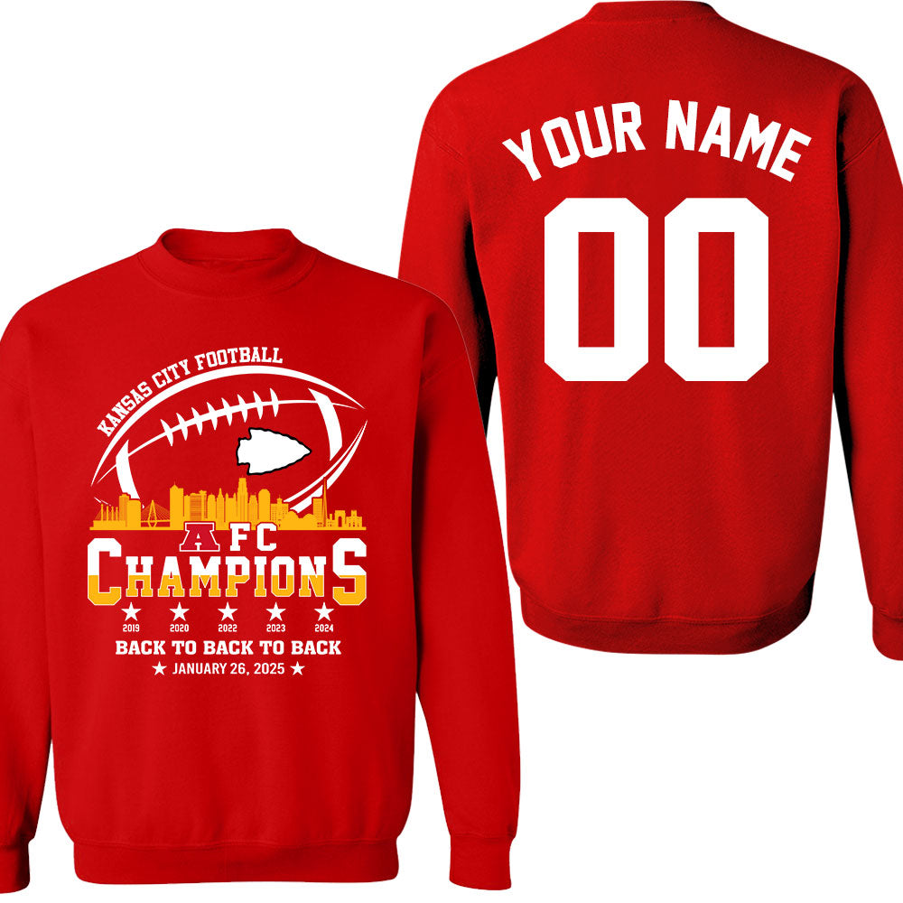 Personalized Kansas City Football 2024-2025 AFC Champions Double Sided Sweatshirt Skyline, Perfect Outfit For Kansas City Football Fans