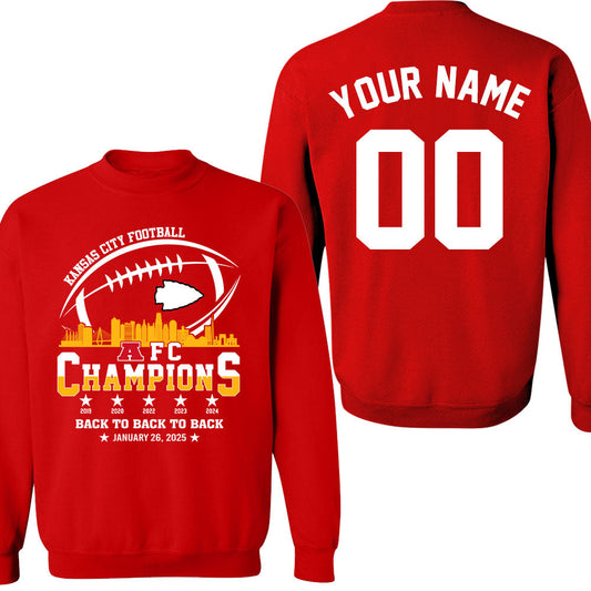 Personalized Kansas City Football 2024-2025 AFC Champions Double Sided Sweatshirt Skyline, Perfect Outfit For Kansas City Football Fans