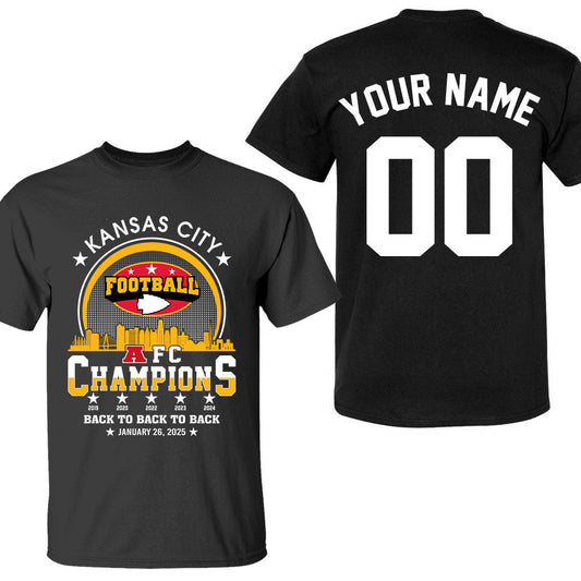 Personalized Kansas City Football 2024-2025 AFC Champions Double Sided T-Shirt, Perfect Outfit For Kansas City Football Fans