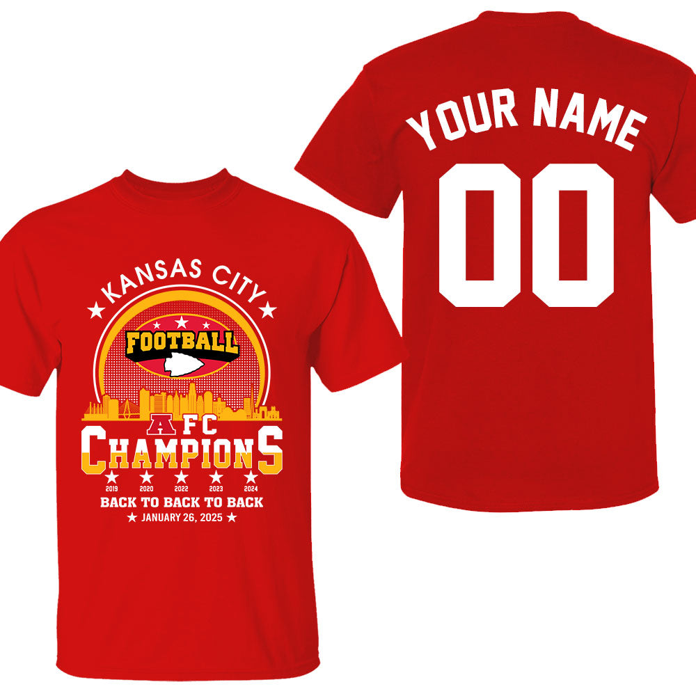 Personalized Kansas City Football 2024-2025 AFC Champions Double Sided T-Shirt, Perfect Outfit For Kansas City Football Fans