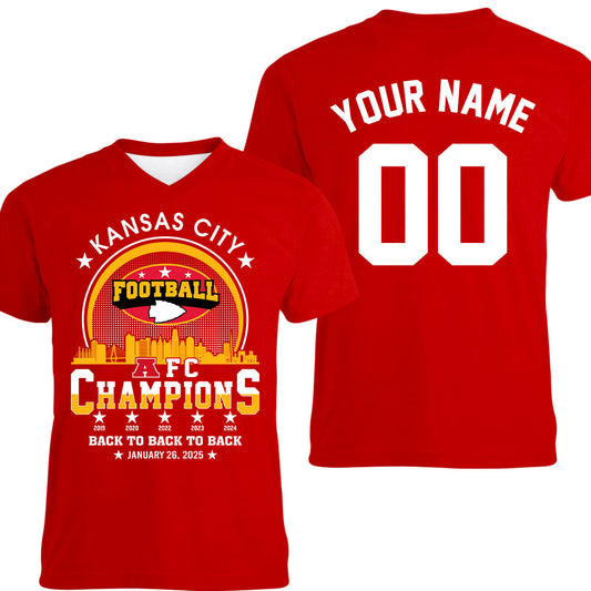 Personalized Kansas City Football 2024-2025 AFC Champions Double Sided V-neck Shirts, Perfect Outfit For Kansas City Football Fans