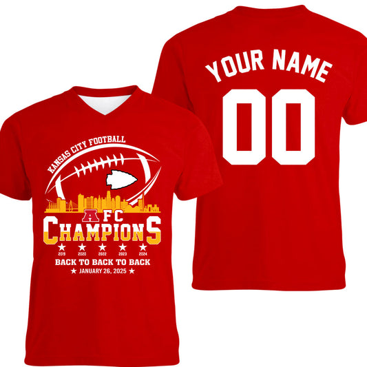 Personalized Kansas City Football 2024-2025 AFC Champions Double Sided V-neck Shirts Skyline, Perfect Outfit For Kansas City Football Fans