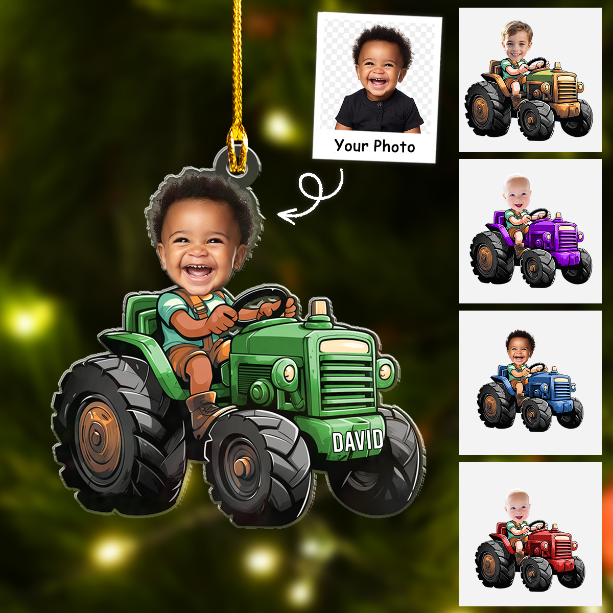 Personalized Kid Boy Driving Tractor Acrylic Ornament, Christmas Ornament Gift For Grandson, Son