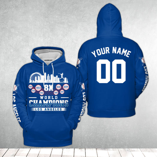 Personalized Los Angeles Baseball Skyline 8X World Champions Hoodie For World Champions 2024, LA Baseball Champs Gifts