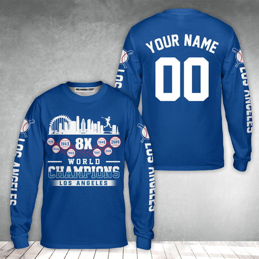 Personalized Los Angeles Baseball Skyline 8X World Champions Long Sleeve Shirt For World Champions 2024, LA Baseball Gifts