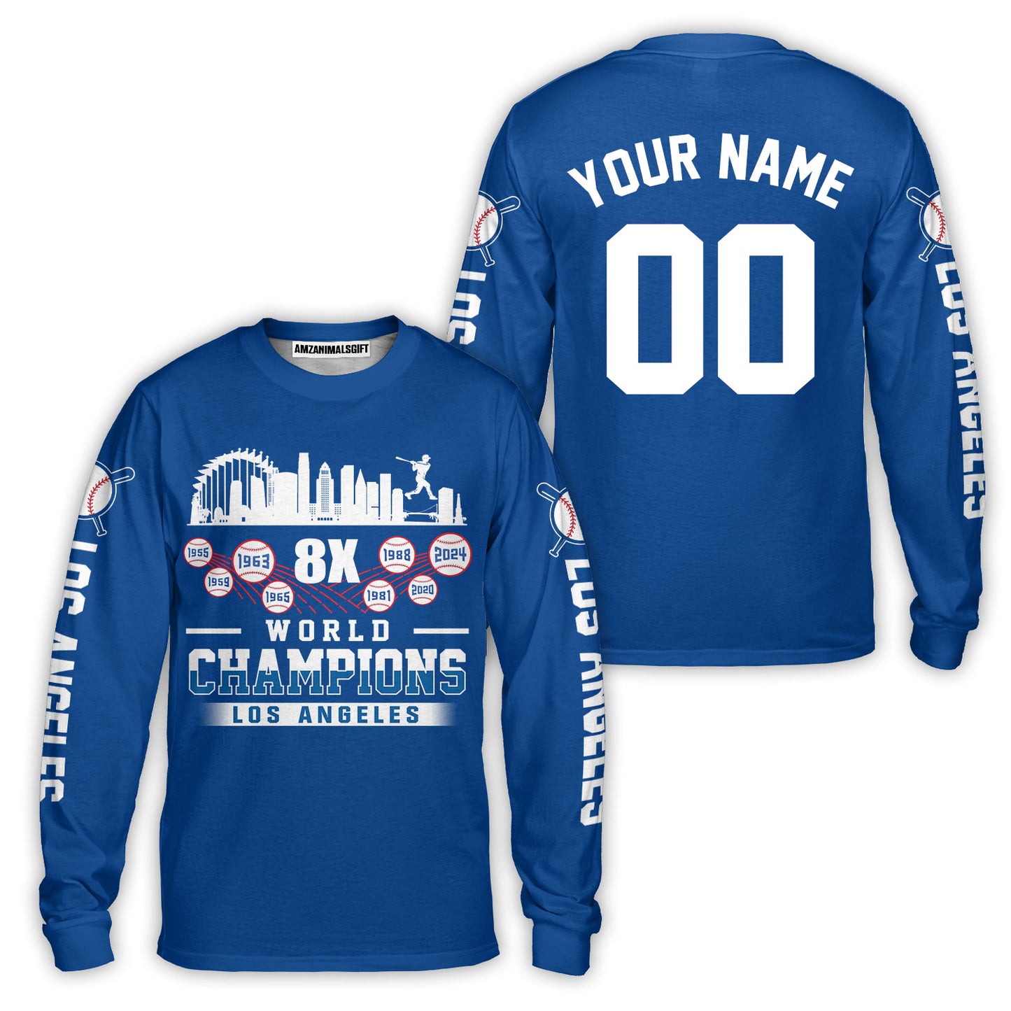 Personalized Los Angeles Baseball Skyline 8X World Champions T-Shirt For World Champions 2024, LA Baseball Champs Gifts
