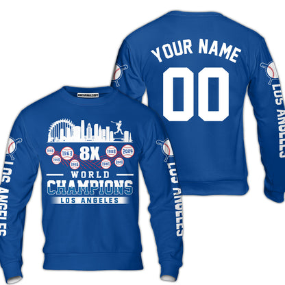 Personalized Los Angeles Baseball Skyline 8X World Champions T-Shirt For World Champions 2024, LA Baseball Champs Gifts