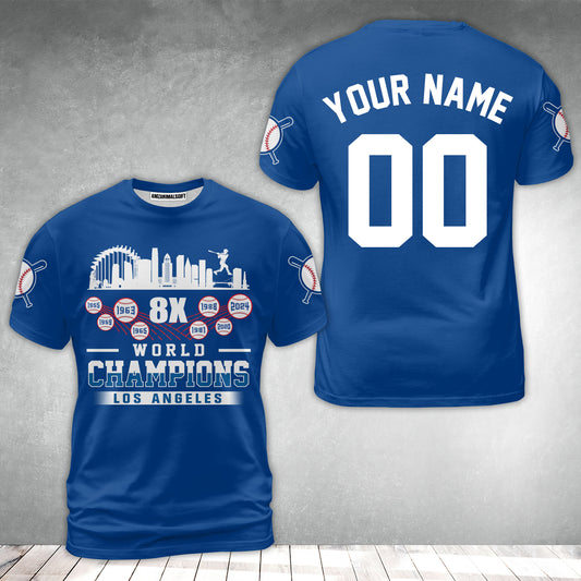 Personalized Los Angeles Baseball Skyline 8X World Champions T-Shirt For World Champions 2024, LA Baseball Champs Gifts