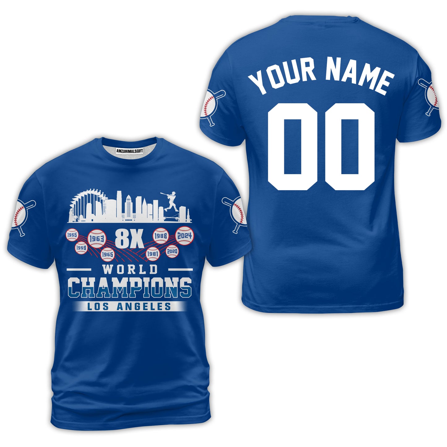 Personalized Los Angeles Baseball Skyline 8X World Champions T-Shirt For World Champions 2024, LA Baseball Champs Gifts