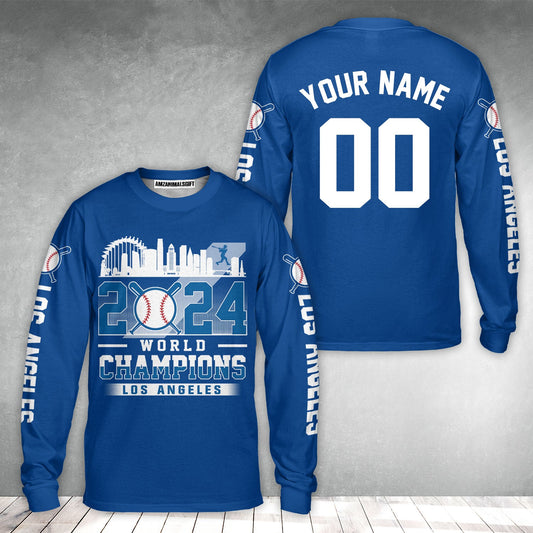 Personalized Los Angeles Baseball 2024 World Champions Long Sleeve Tee, Los Angeles Baseball 2024 World Champs Shirt Gifts