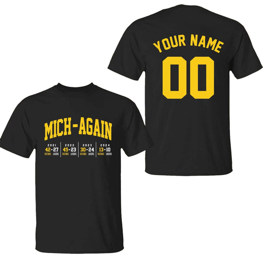 Personalized Michigan Football Mich-Again 4 Champions T-Shirt With Scores, Perfect Outfit For Football Fans