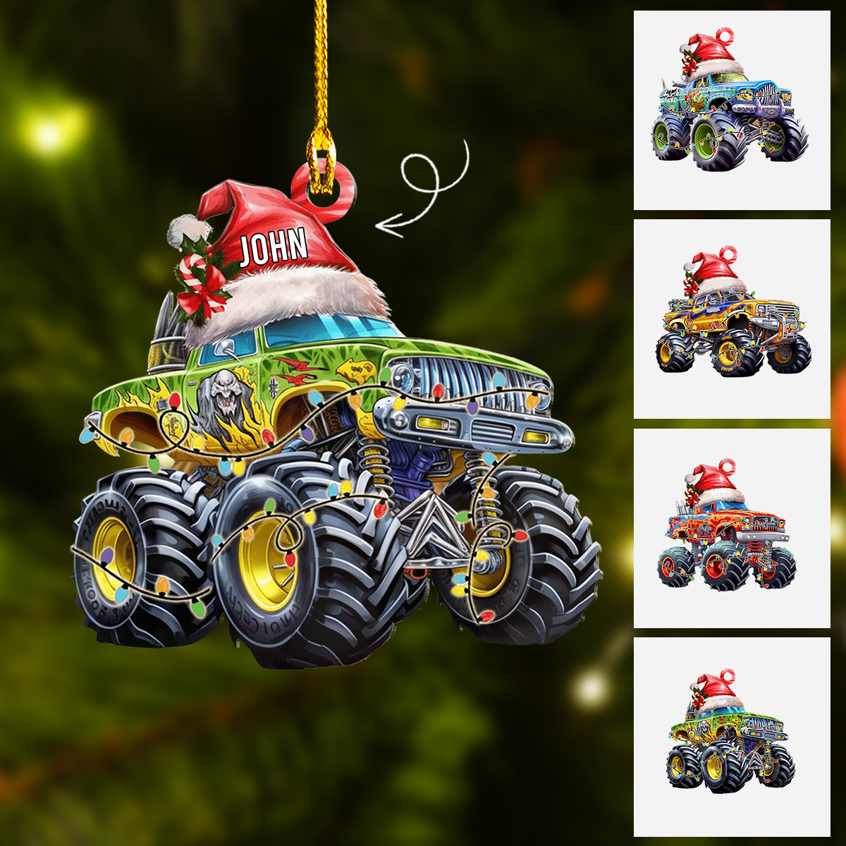 Personalized Monster Truck With Led Light Flat Acrylic Ornament, Christmas Ornament Gift For Grandson, Son, Friends, Family