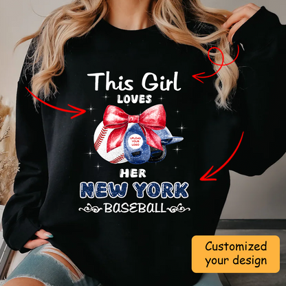 Personalized Women Loves New York Y Baseball Coquette Bow Shirt, Baseball Girl Mom Game Day Shirt, Baseball Lovers Gift