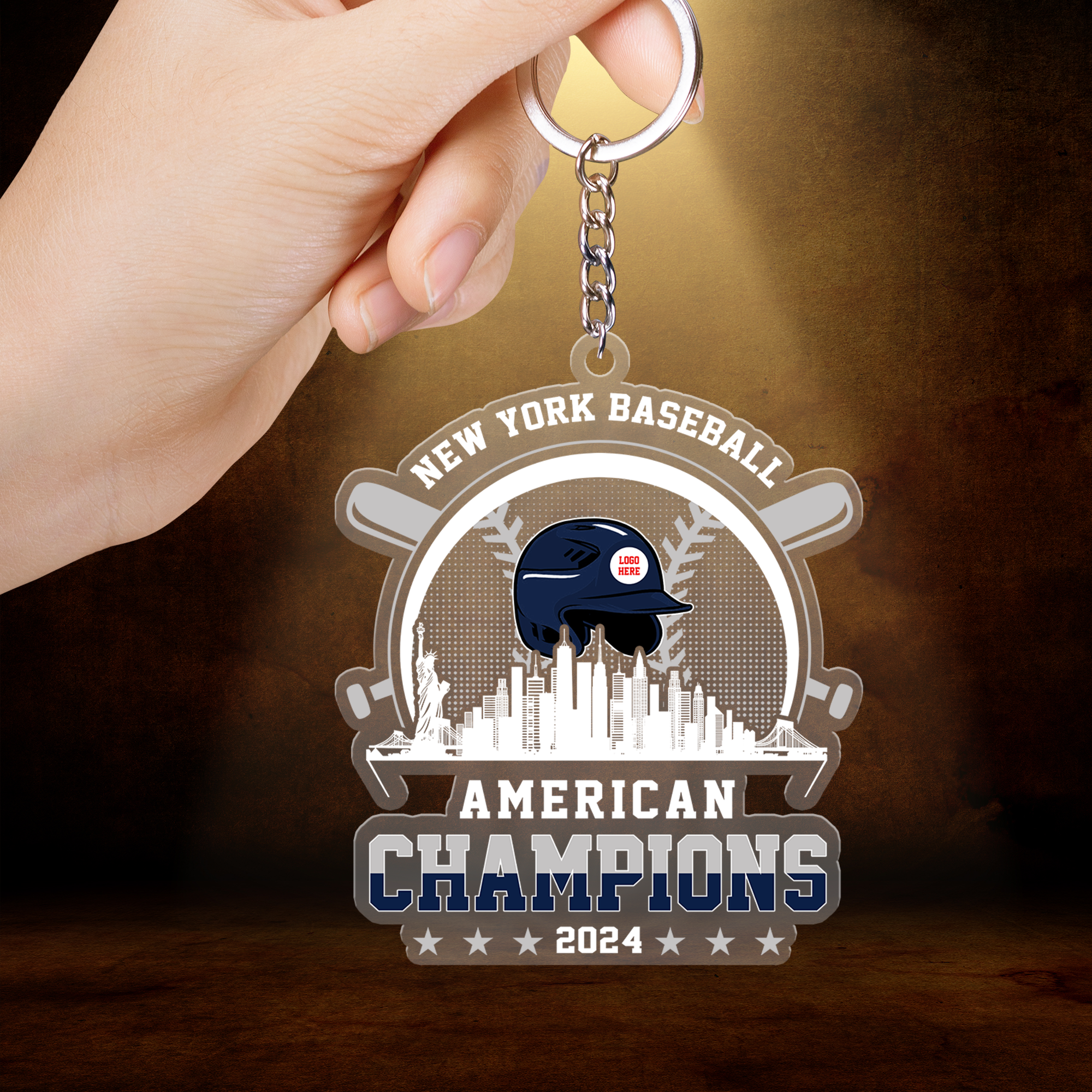 Personalized New York Y Baseball Skyline 2024 American Champions Acrylic Keychain, New York Y Champs Keychain Gifts