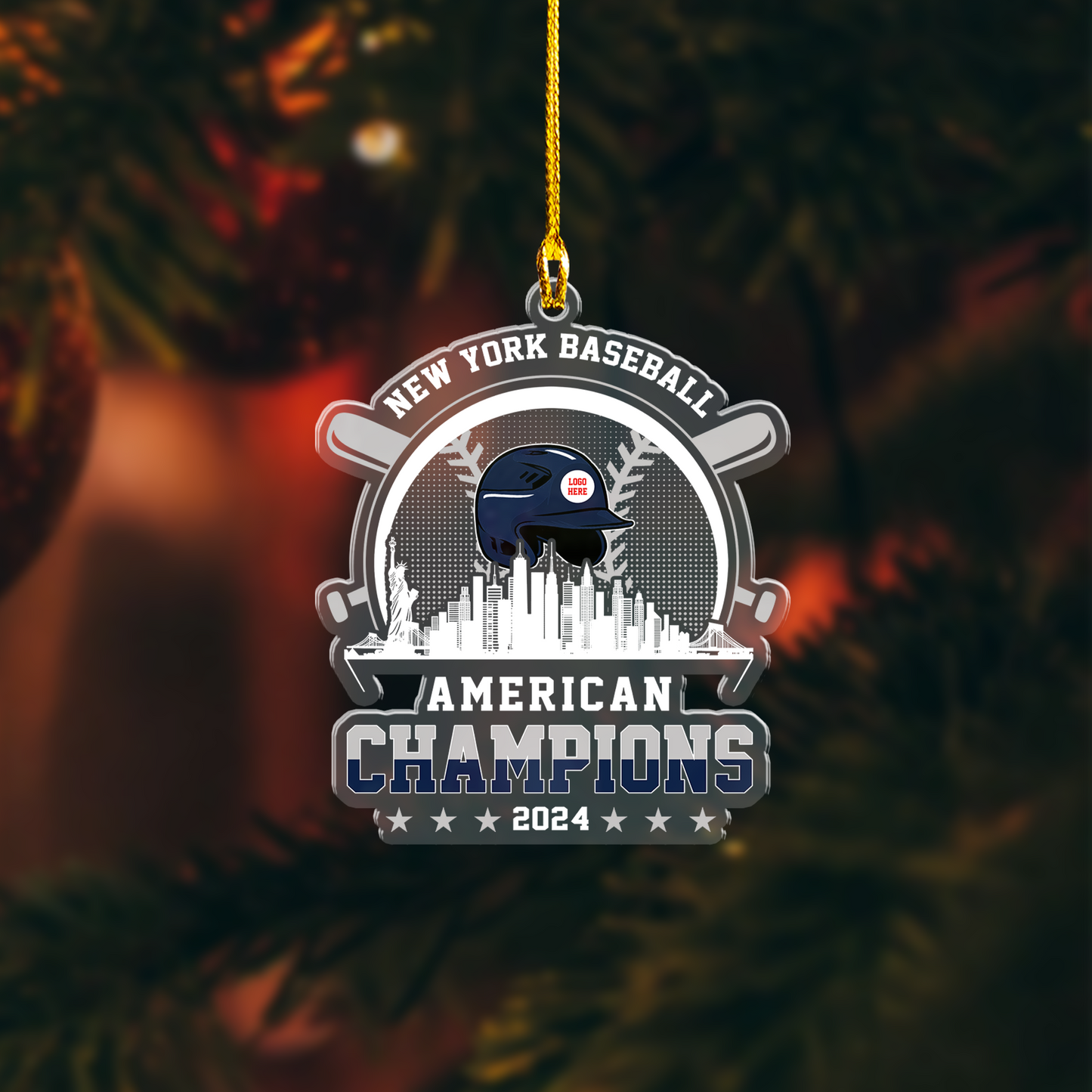 Personalized New York Y Baseball Skyline 2024 American Champions Acrylic Ornament, New York Y Champs Christmas Ornament Gifts