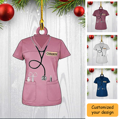 Personalized Nurse Scrubs Ornament, Custom Name Nurse Costume Christmas Ornament For Her