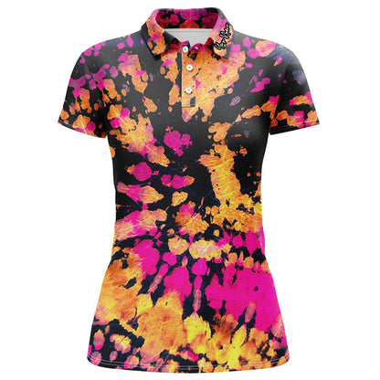 Custom Name On Collar Women's Golf Polo Shirts Hippies Style With Yellow Pink Black Tie Dye Pattern Golf Shirt