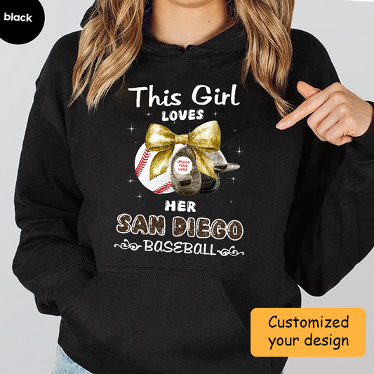 Personalized Women Love San Diego Baseball Coquette Bow Hoodie, Baseball Girl Mom Game Day Shirt, Baseball Lovers Gift