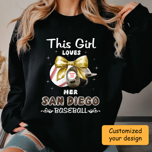 Personalized Women Love San Diego Baseball Coquette Bow Sweatshirt, Baseball Girl Mom Game Day Shirt, Baseball Lovers Gift