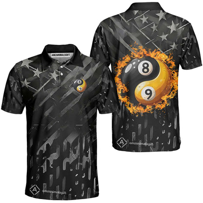 Customized Billiards Unisex Polo Shirt, Black US Flag 8 Ball 9 Ball Ying And Yang Pool Jersey