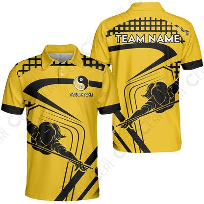 Customized Billiards Unisex Polo Shirt, Personalized Yellow Slash Yin Yang 8 9 Ball Jersey Gift For Billiard Players