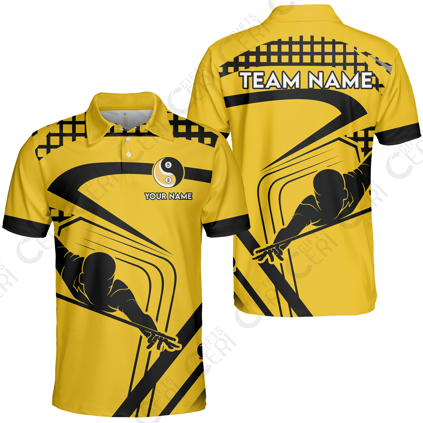 Customized Billiards Unisex Polo Shirt, Personalized Yellow Slash Yin Yang 8 9 Ball Jersey Gift For Billiard Players