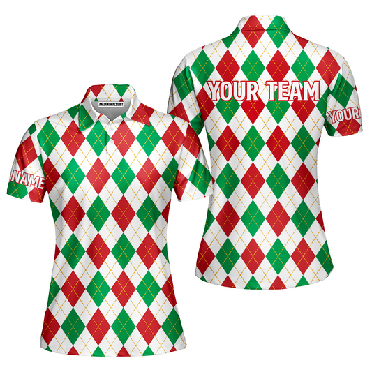 Christmas Plaid Argyle Pattern Golf Women Polo Shirt   - Custom Name Apparel - Personalized Gift For Golf Lover, Team
