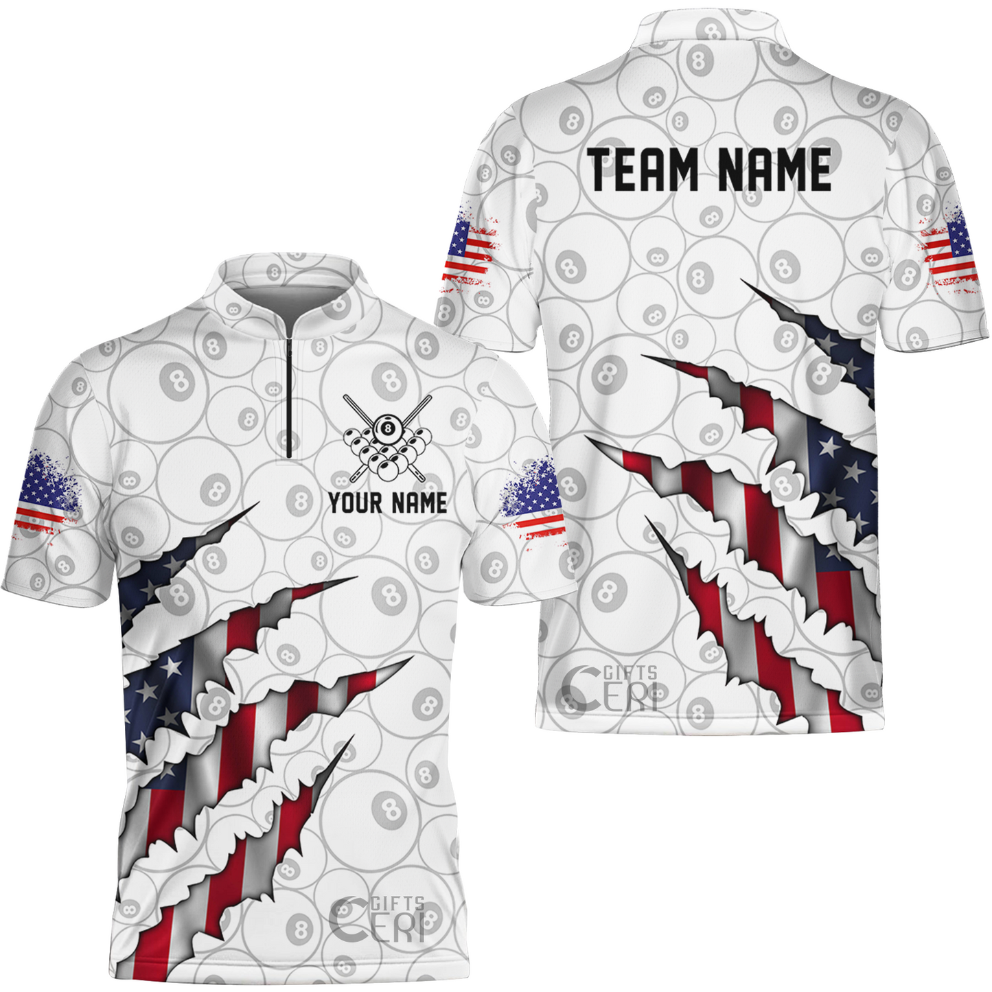 Customized Billiards Stand Collar Quarter-Zip Short Sleeve Jersey, Personalized American Flag Scratch 8 Ball Jersey