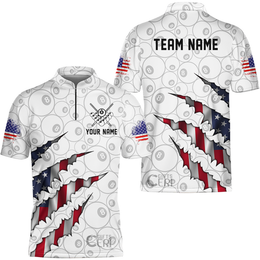 Customized Billiards Stand Collar Quarter-Zip Short Sleeve Jersey, Personalized American Flag Scratch 8 Ball Jersey