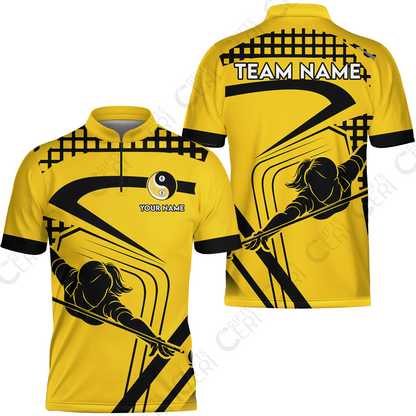 Customized Billiards Stand Collar Quarter-Zip Short Sleeve Jersey, Personalized Yellow Slash Yin Yang 8 9 Ball Jersey