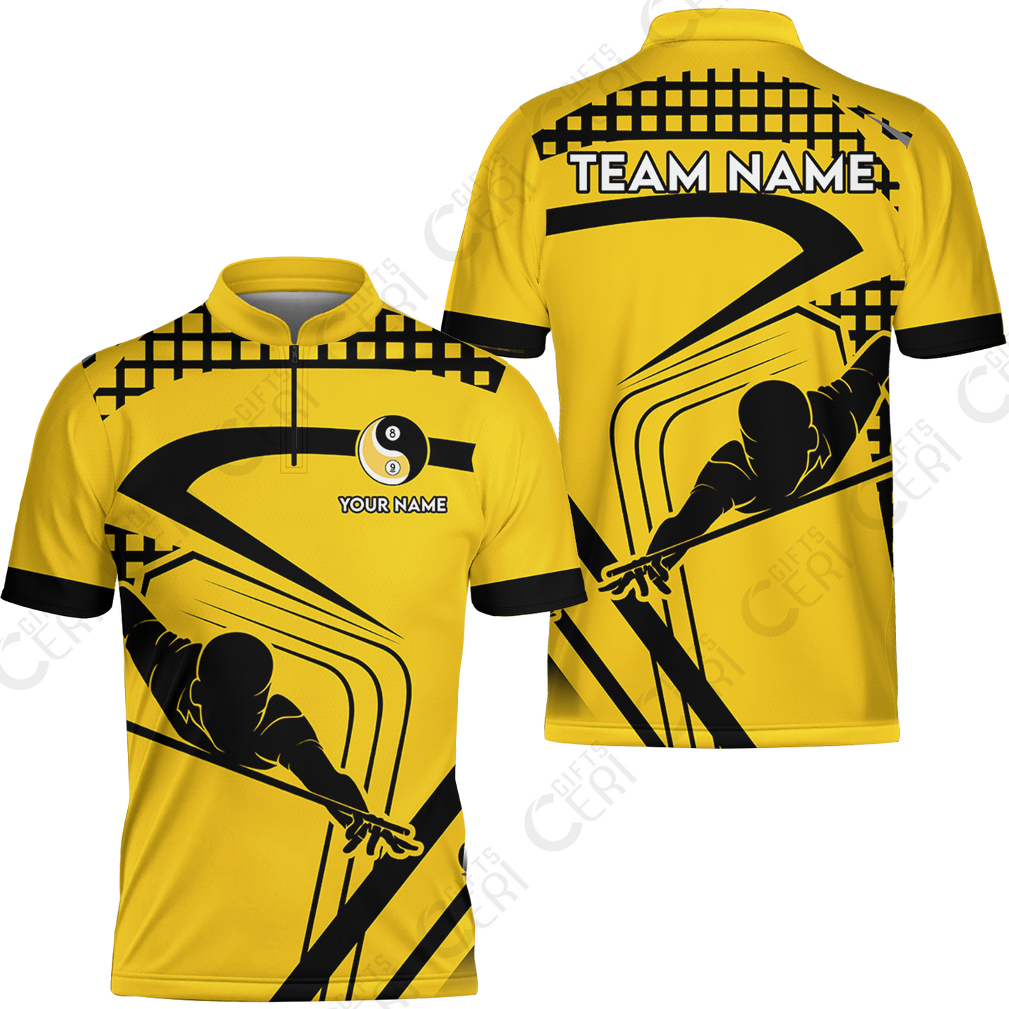 Customized Billiards Stand Collar Quarter-Zip Short Sleeve Jersey, Personalized Yellow Slash Yin Yang 8 9 Ball Jersey