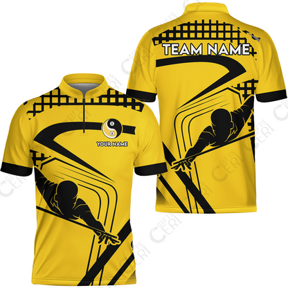Customized Billiards Stand Collar Quarter-Zip Short Sleeve Jersey, Personalized Yellow Slash Yin Yang 8 9 Ball Jersey