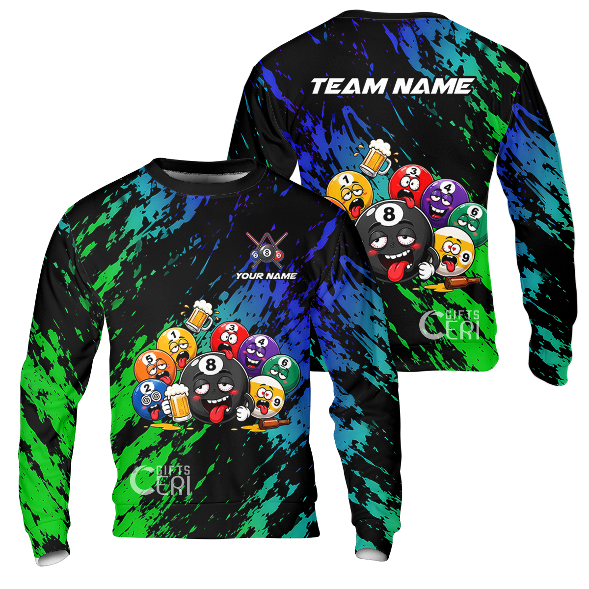 Customized 8 And 9 Ball Pool Sweatshirt Drunk 8 Ball Holding Beer Billiard Jerseys Custom Name And Team Name