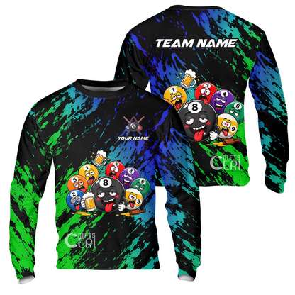 Customized 8 And 9 Ball Pool Sweatshirt Drunk 8 Ball Holding Beer Billiard Jerseys Custom Name And Team Name